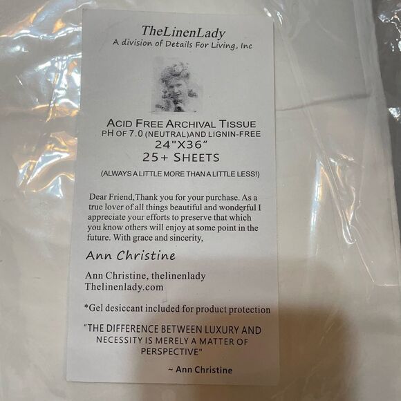 The Linen Lady Acid Free Archival Tissue Paper Pack of 25 Large Sheets NWT - Picture 2 of 2